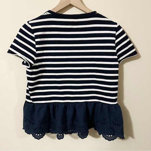 KATE SPADE New York Top Womens Sz. Medium Peplum Eyelet Hem Short Sleeve Striped - Picture 2 of 7